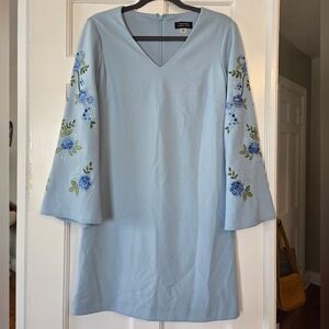Tahari ASL Light Blue V-Neck Embroidered Bell Sleeve Dress